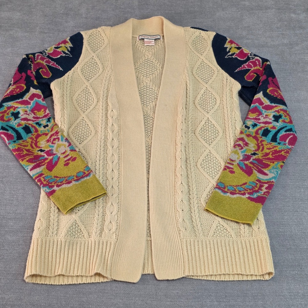 Flying Tomato Womens Open Front Cable Knit Floral Print Cardigan Cream Small